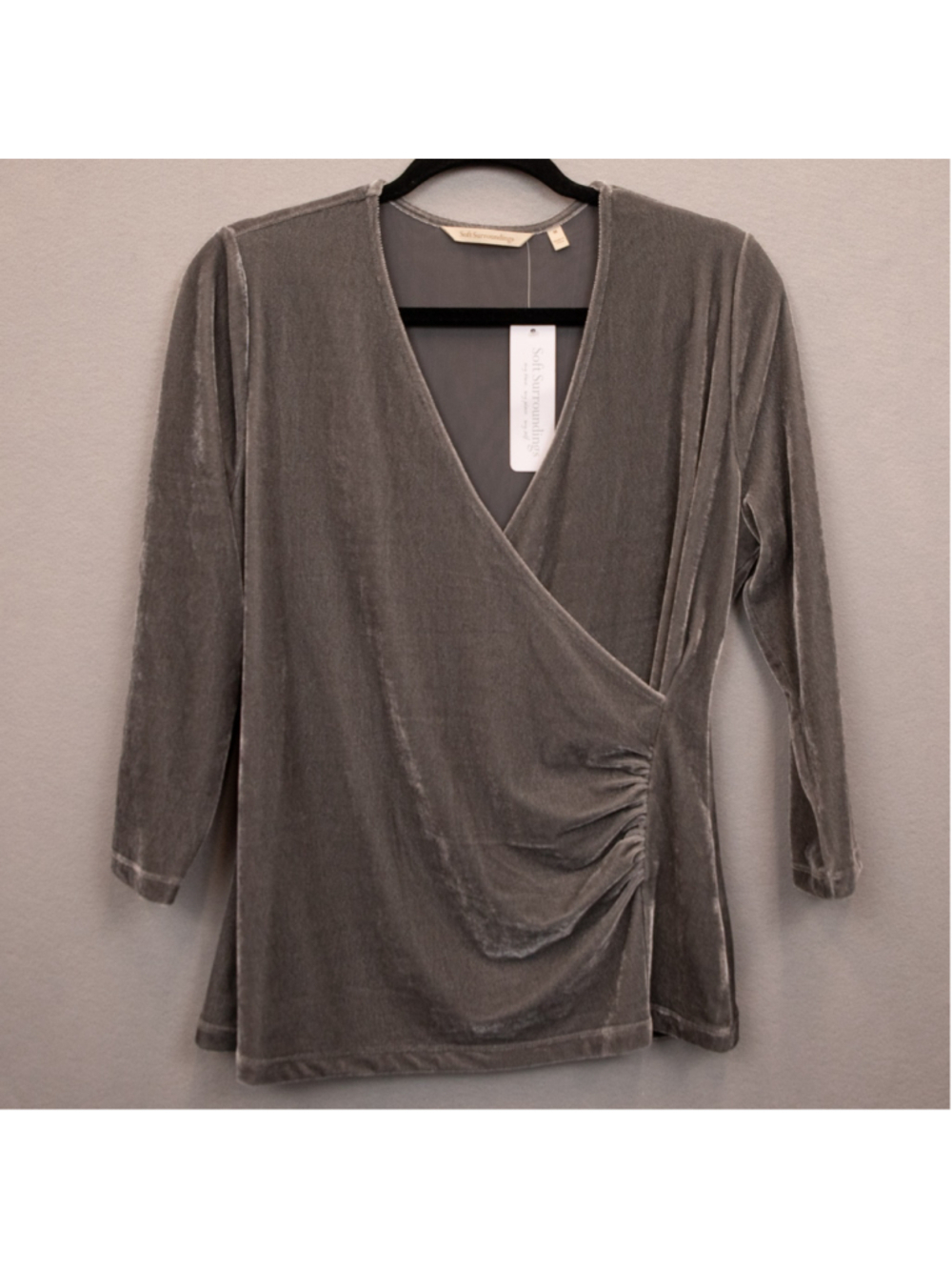Soft Surroundings Velvet Alyssa gray faux wrap top NWT-M